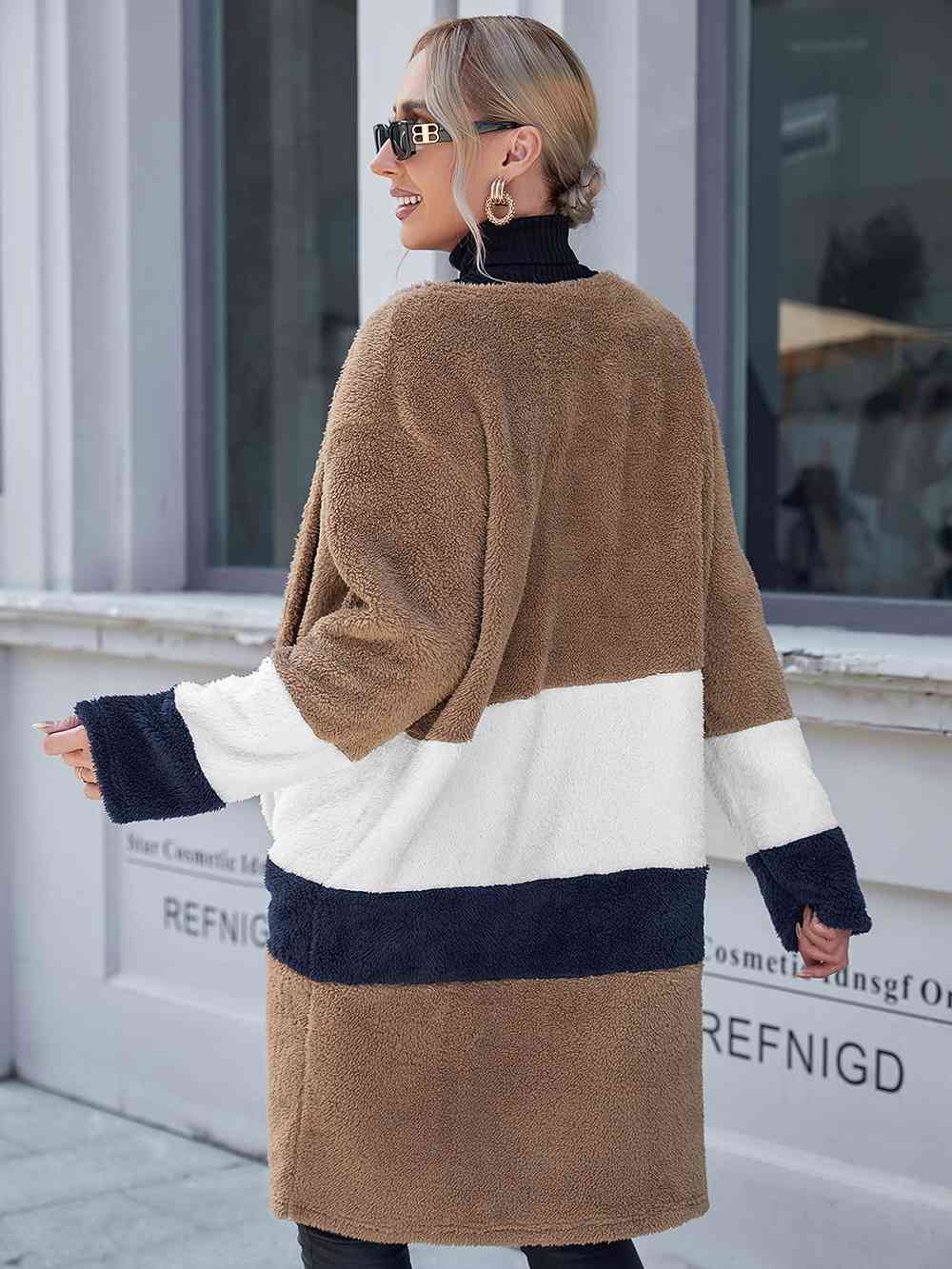 Tricolor Open Front Fuzzy Longline Cardigan