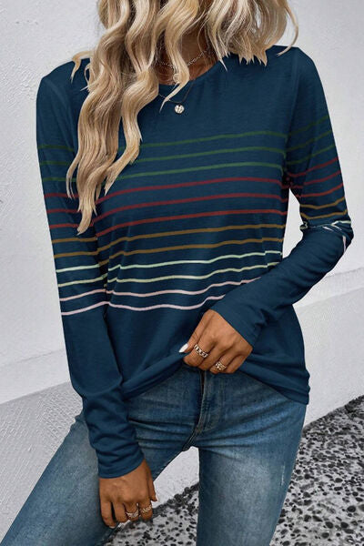 Striped Round Neck Long Sleeve Top