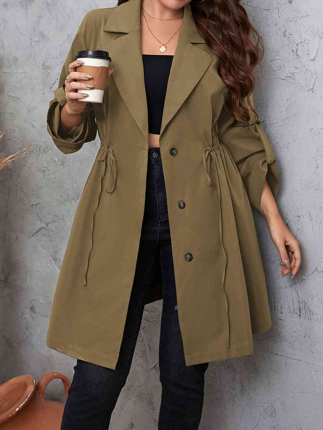 Lapel Collar Drawstring Roll-Tab Sleeve Trench Coat-Full Size