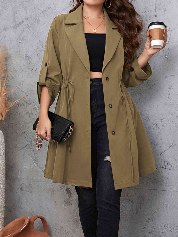 Lapel Collar Drawstring Roll-Tab Sleeve Trench Coat-Full Size