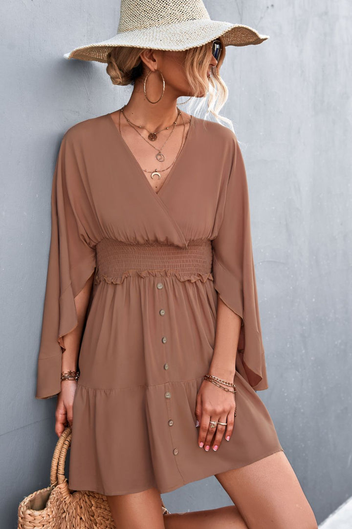 Decorative Button Smocked Waist Surplice Dress