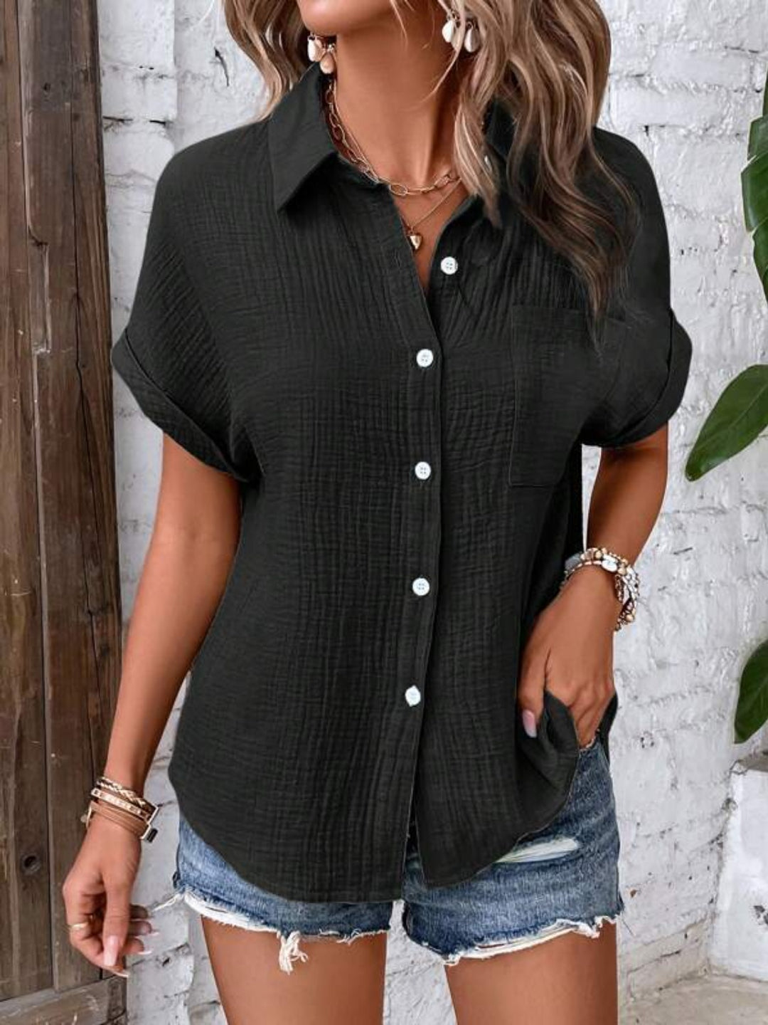 Textured Button Up Short Sleeve Blouse