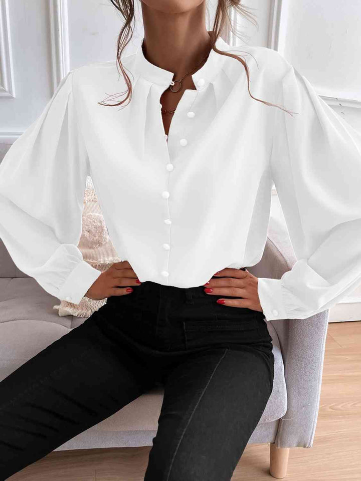 Mock Neck Button Front Blouse