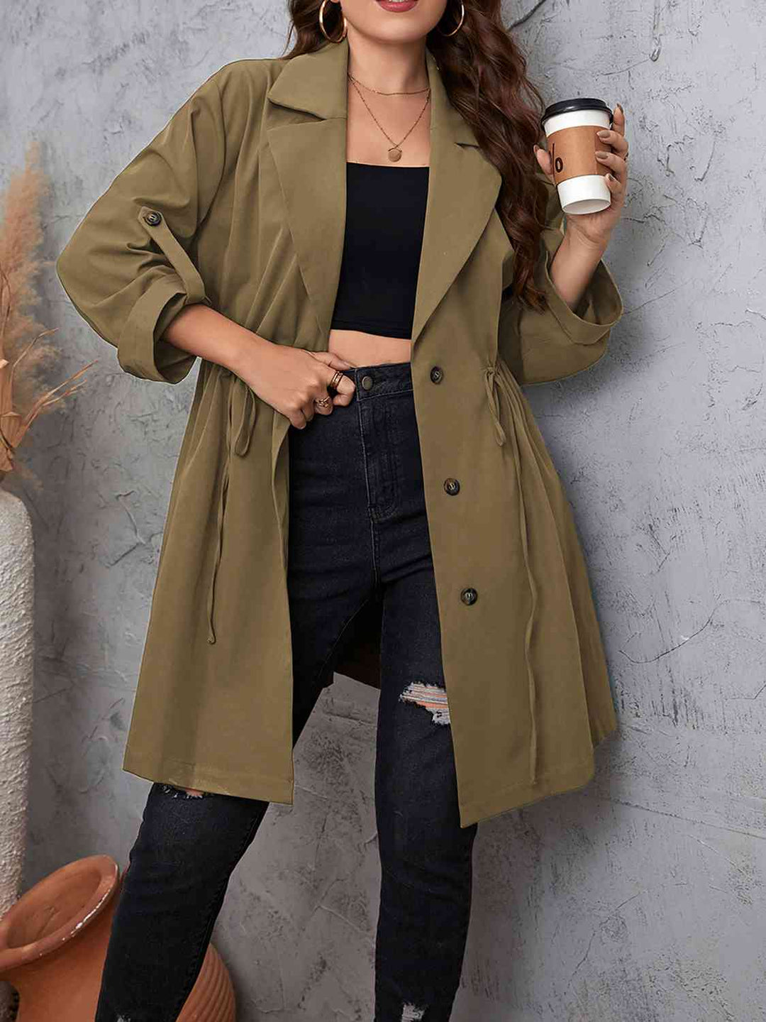 Lapel Collar Drawstring Roll-Tab Sleeve Trench Coat-Full Size