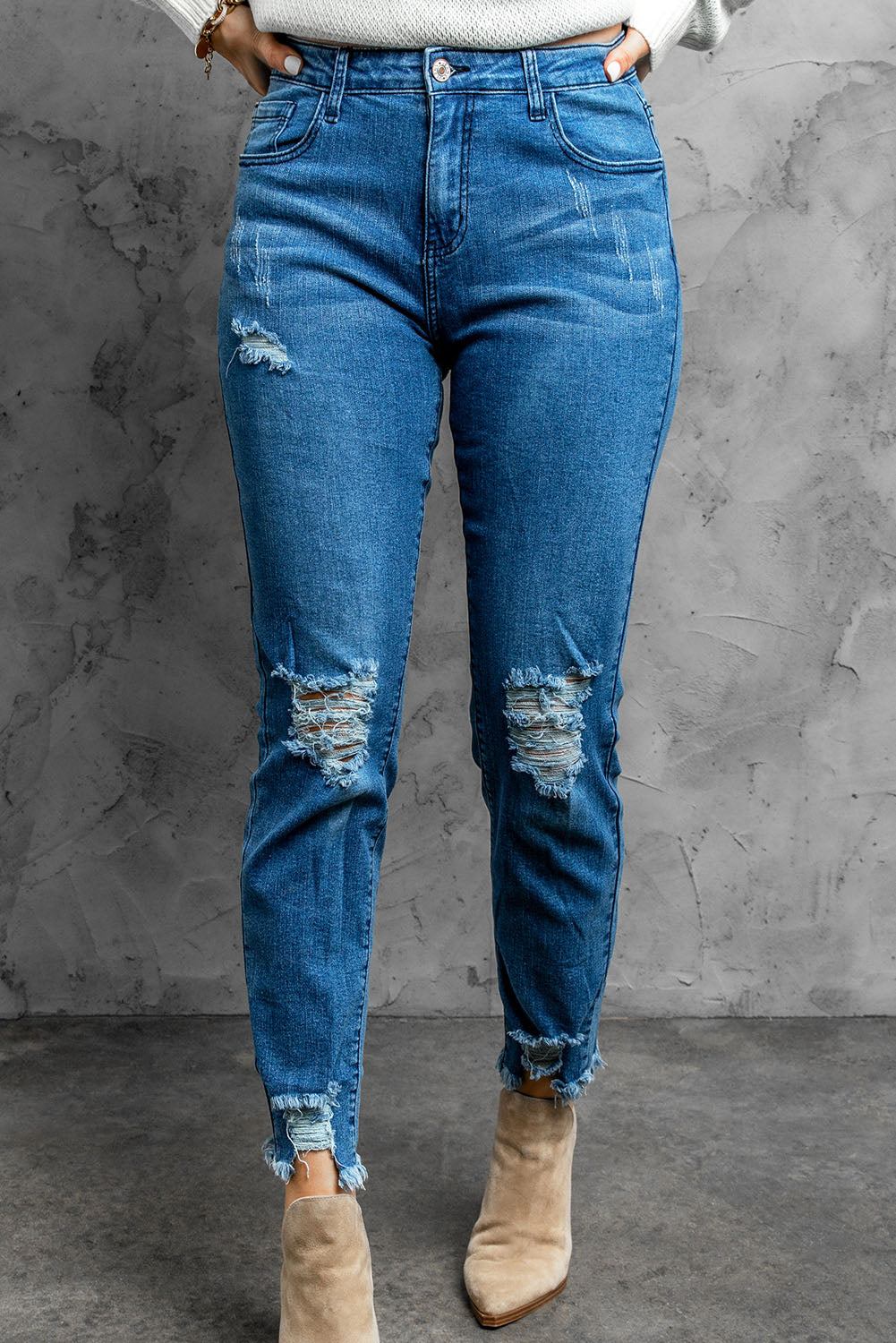 Distressed Cropped Jeans- Med Blue