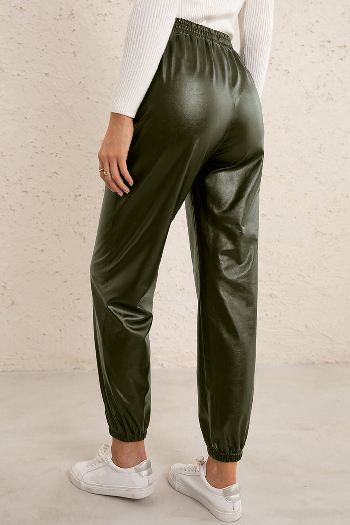 Black Elastic Waist PU Leather Joggers