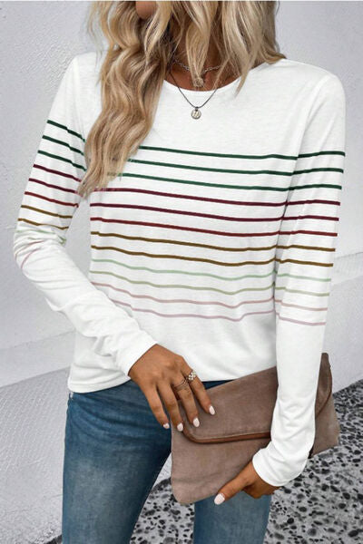 Striped Round Neck Long Sleeve Top