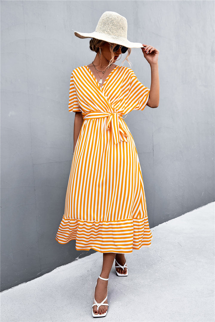 Striped Tie Belt Midi Dress - Orange