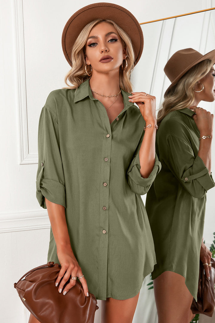 Solid Button Up Drop Shoulder Blouse