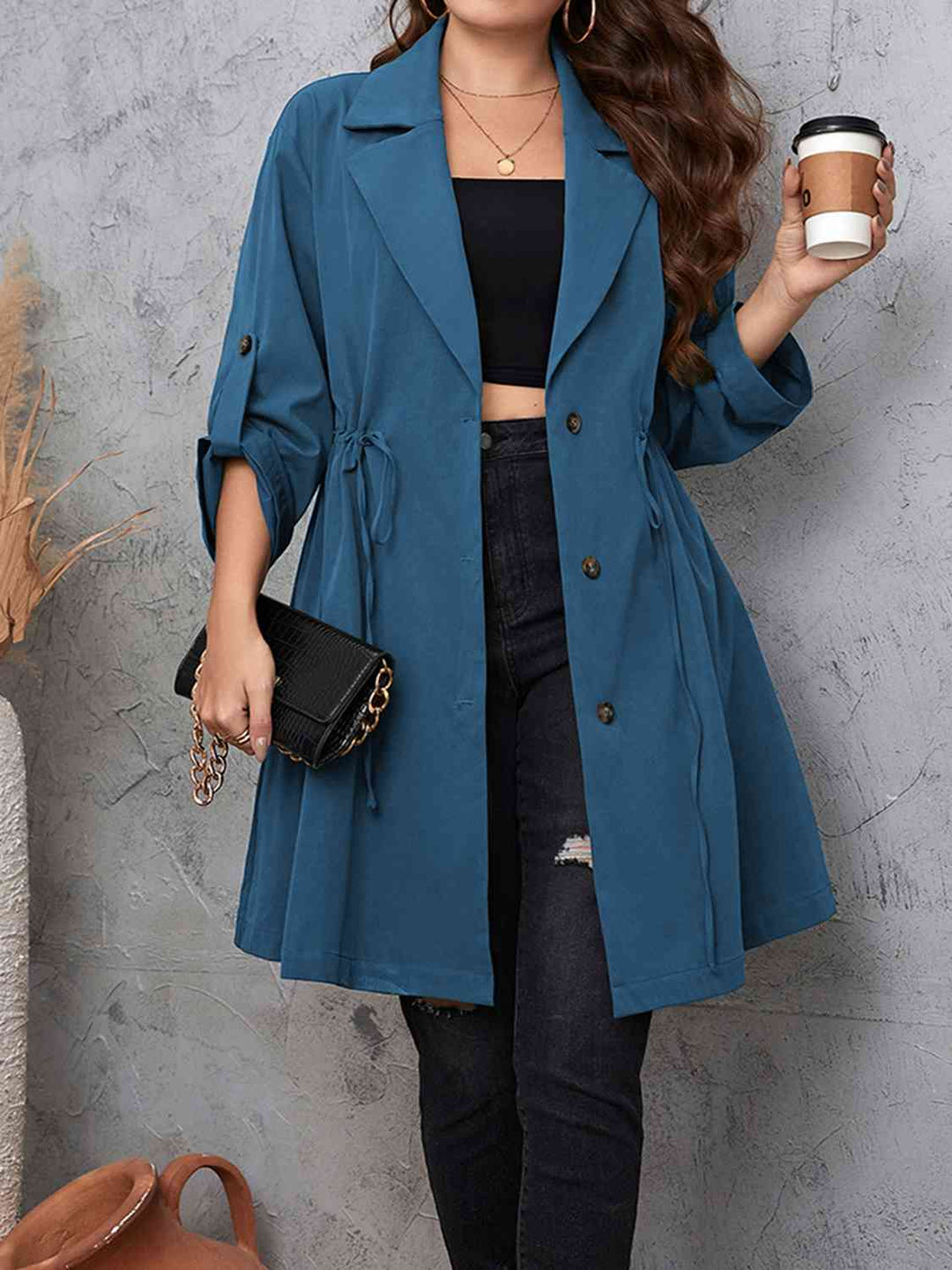 Lapel Collar Drawstring Roll-Tab Sleeve Trench Coat-Full Size