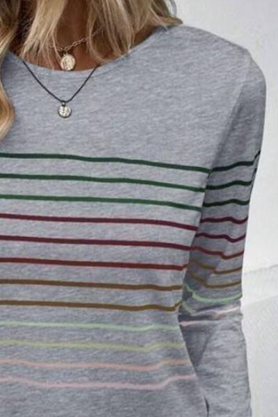 Striped Round Neck Long Sleeve Top