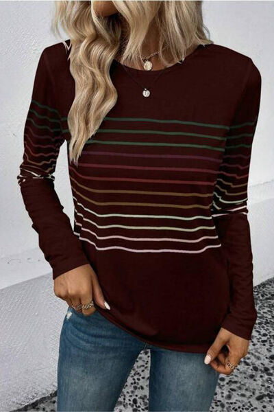 Striped Round Neck Long Sleeve Top