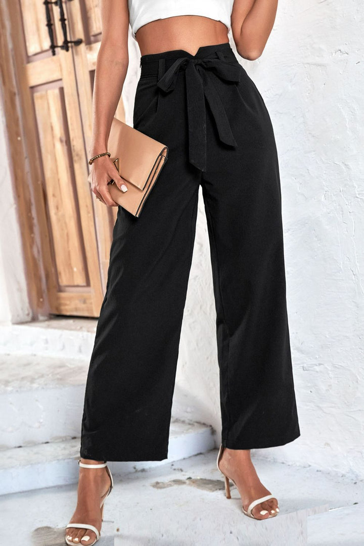 Belted High-Rise Wide Leg Pants-Black