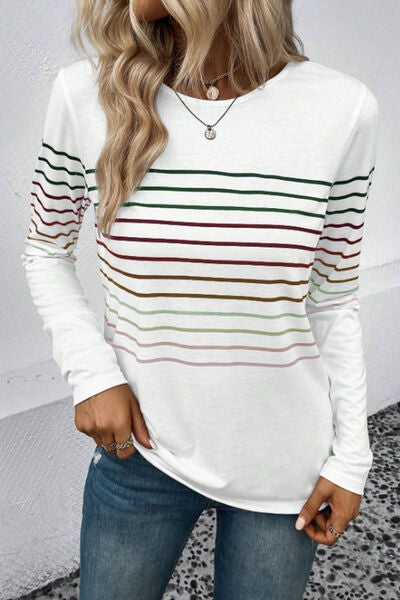 Striped Round Neck Long Sleeve Top