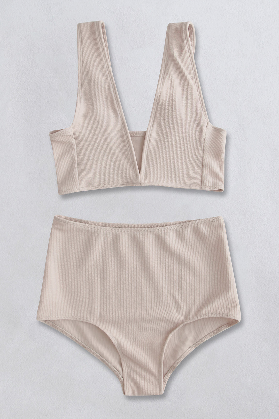 Ribbed V-Neck Bikini Set-Cream