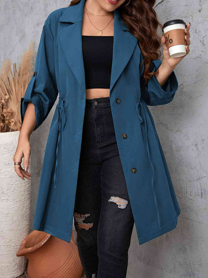 Lapel Collar Drawstring Roll-Tab Sleeve Trench Coat-Full Size