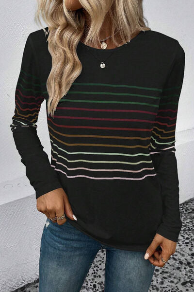 Striped Round Neck Long Sleeve Top