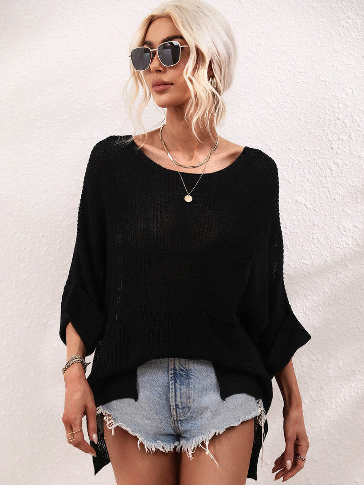 Boat Neck Cuffed Sleeve Slit Tunic Knit Top-Black