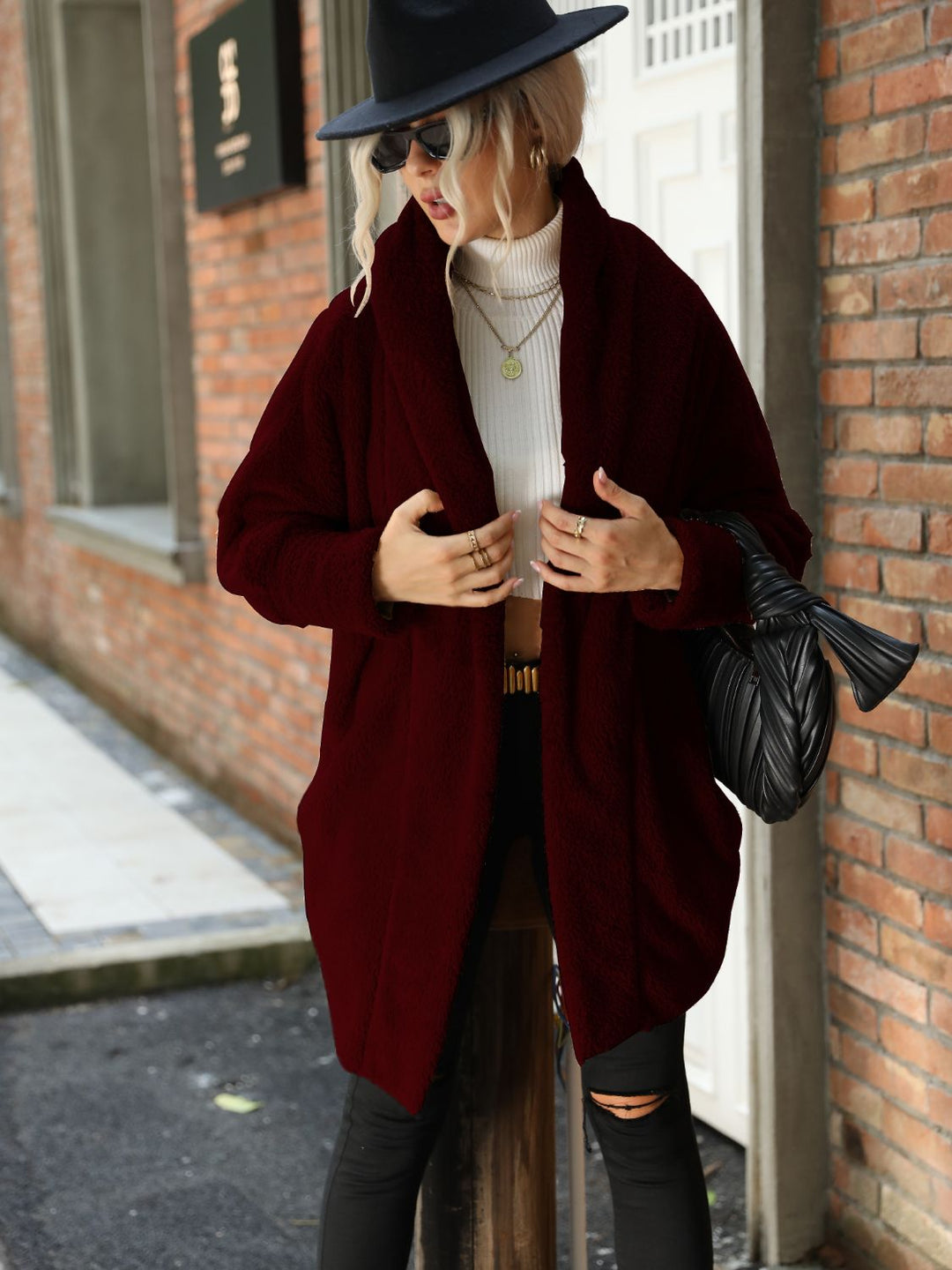 Open Front Hooded Teddy Coat