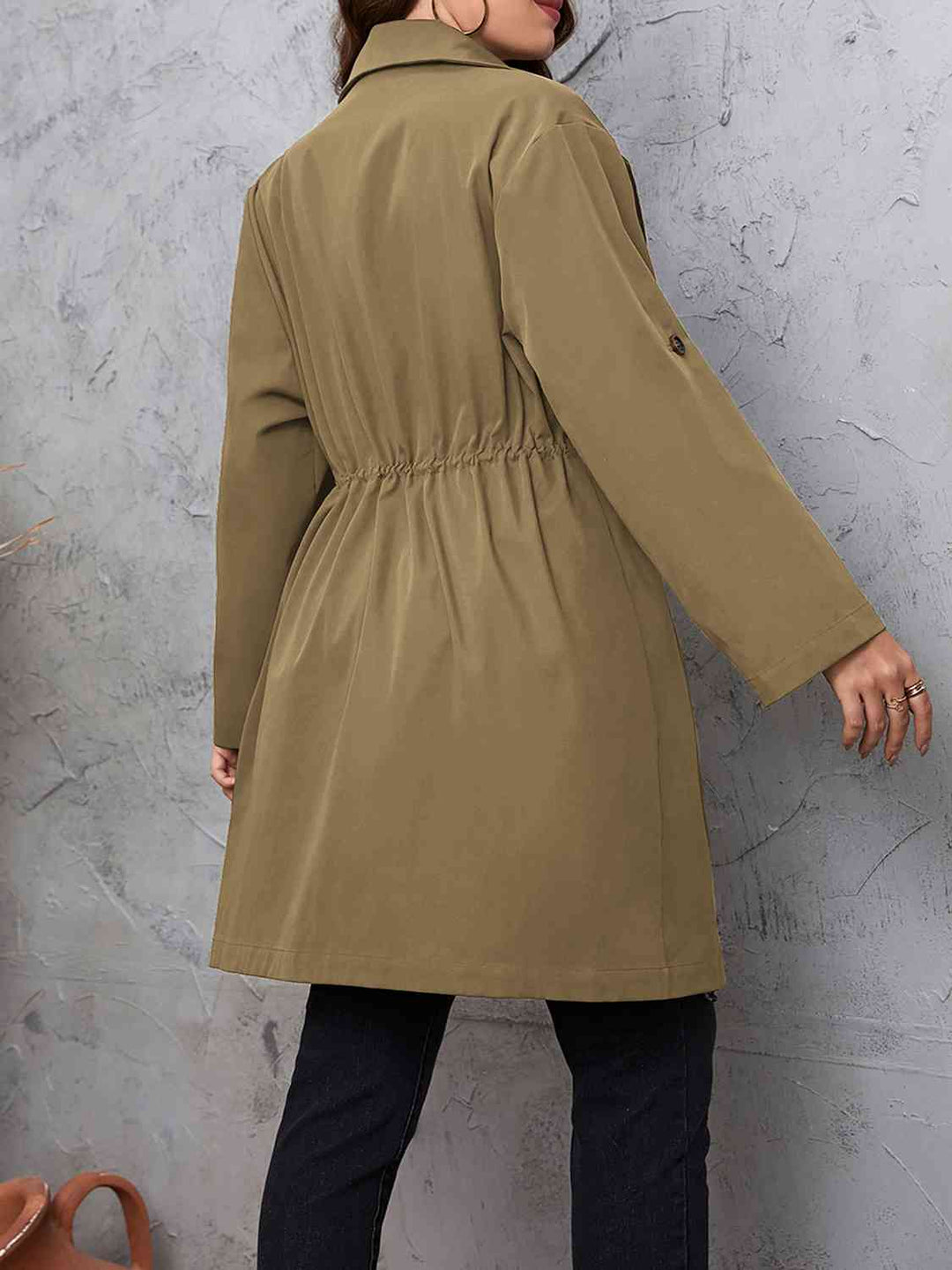 Lapel Collar Drawstring Roll-Tab Sleeve Trench Coat-Full Size