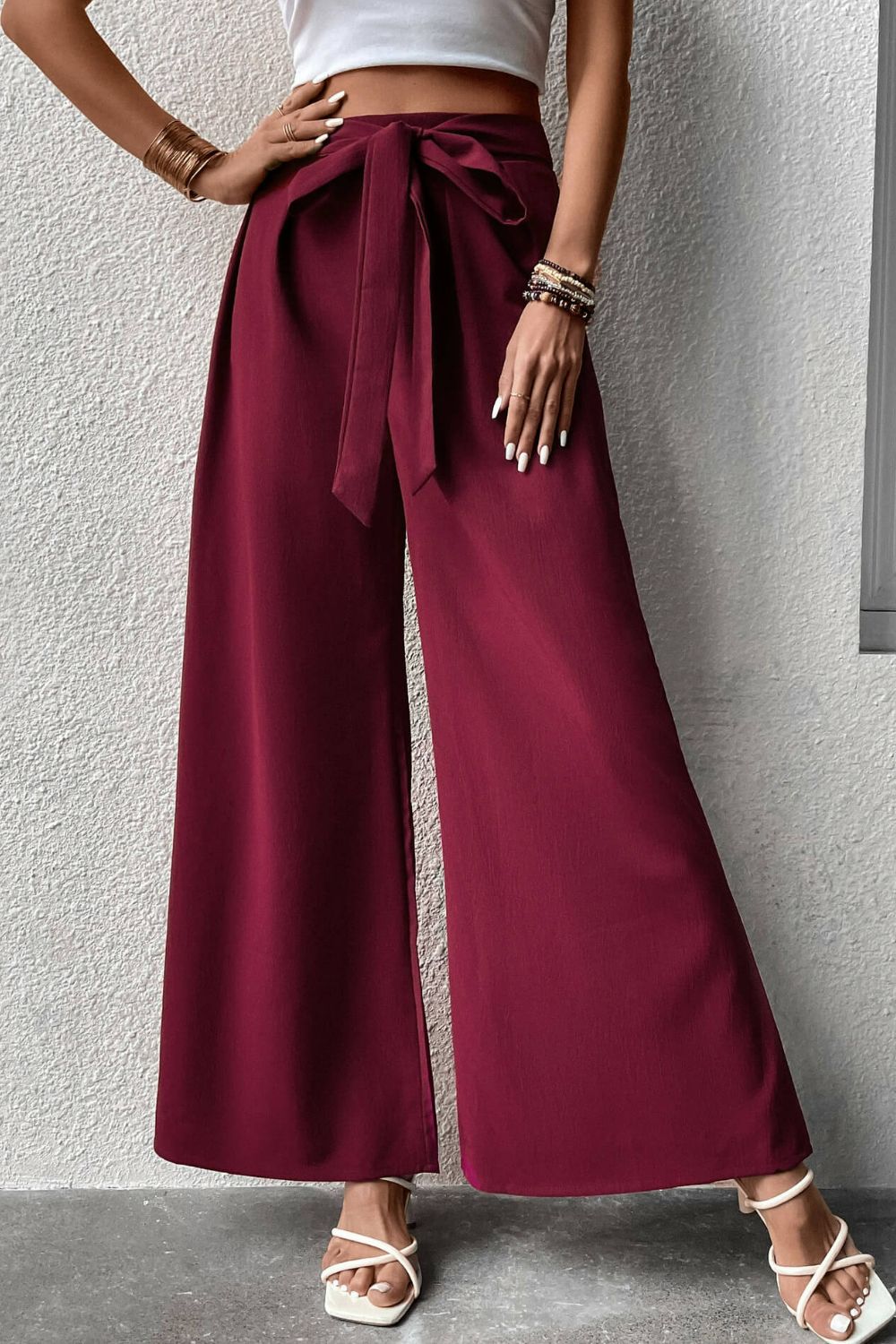 Tie Front Wide Leg Pants-Wine