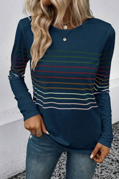 Striped Round Neck Long Sleeve Top