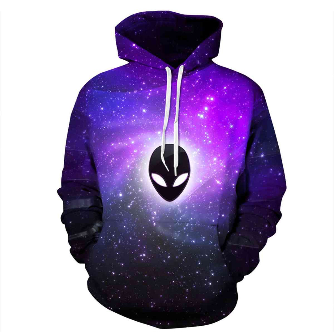 Alien Head Printed Drawstring Hoodie with Pockets