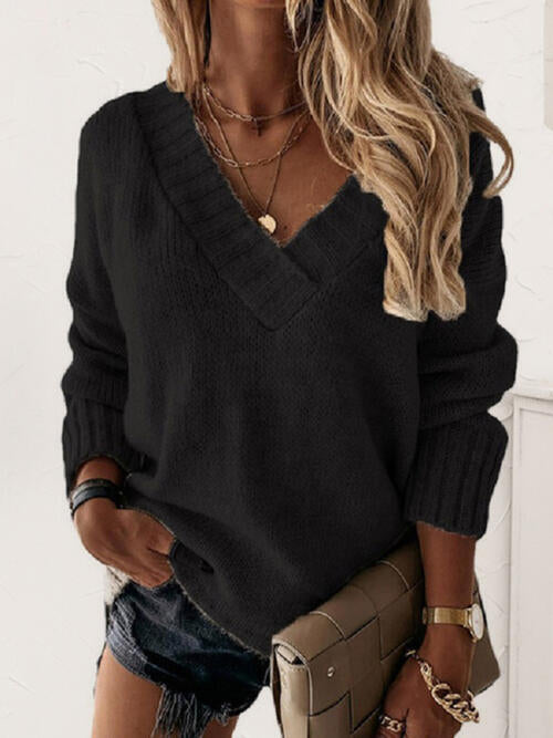 V-Neck Long Sleeve Knit Top