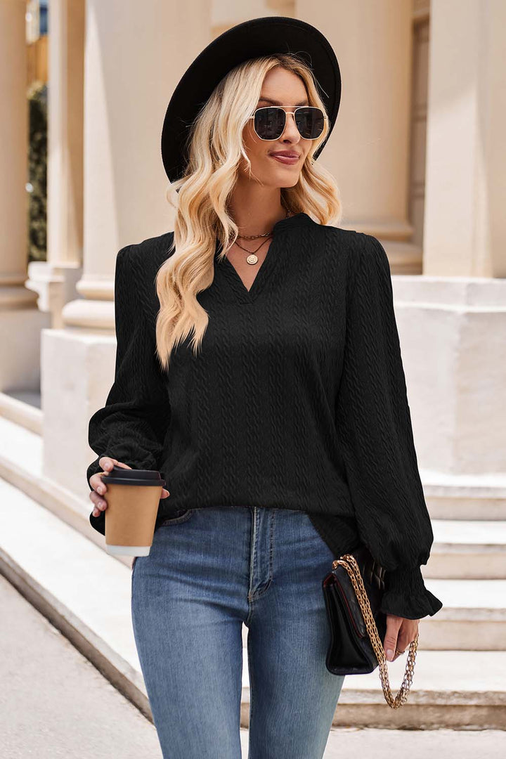 Notched Neck Flounce Sleeve Top