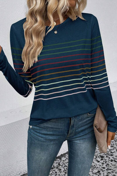 Striped Round Neck Long Sleeve Top