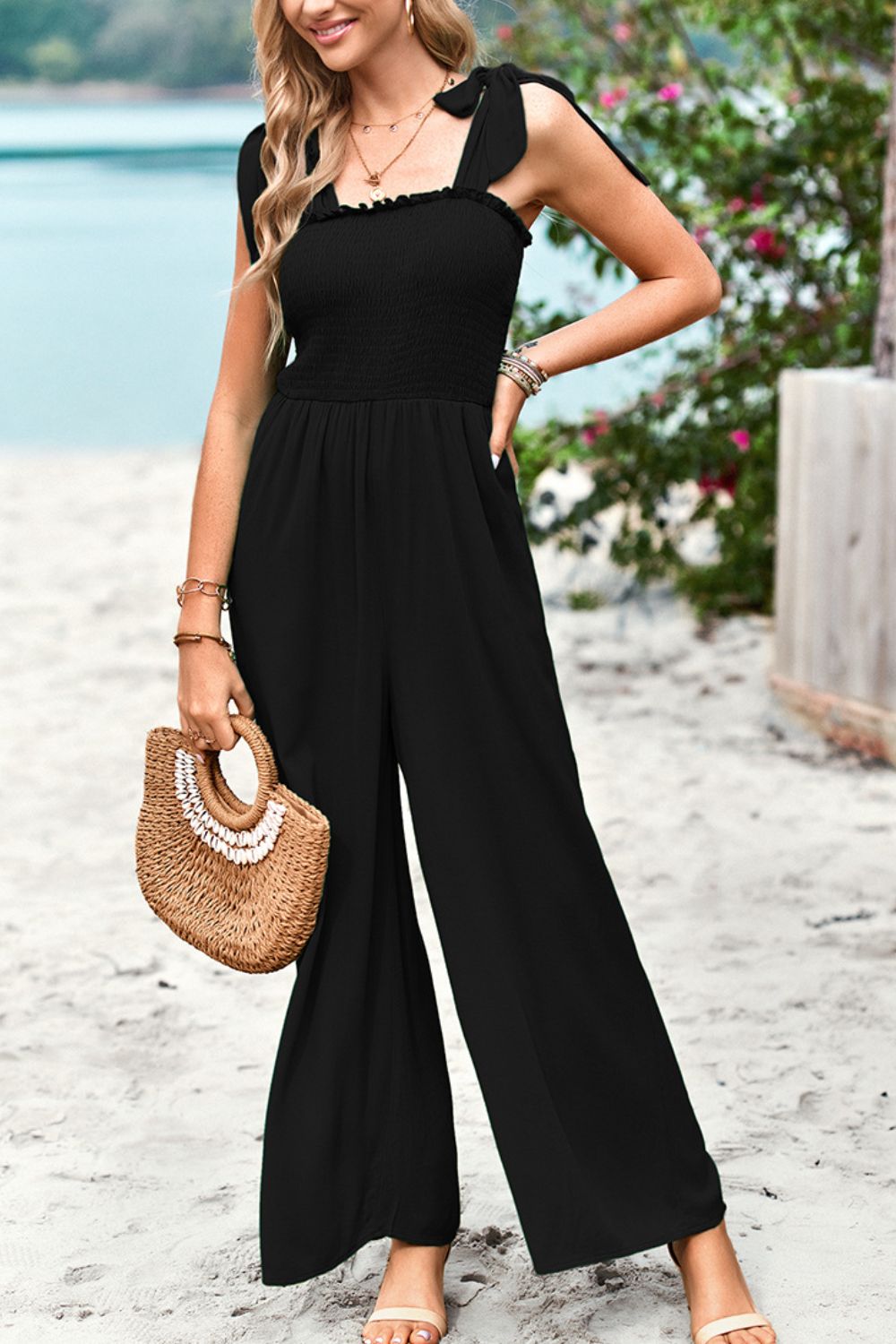 Frill Trim Tie Shoulder Wide Leg Jumpsuit with Pockets-Black