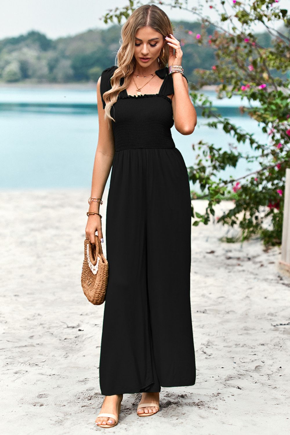 Frill Trim Tie Shoulder Wide Leg Jumpsuit with Pockets