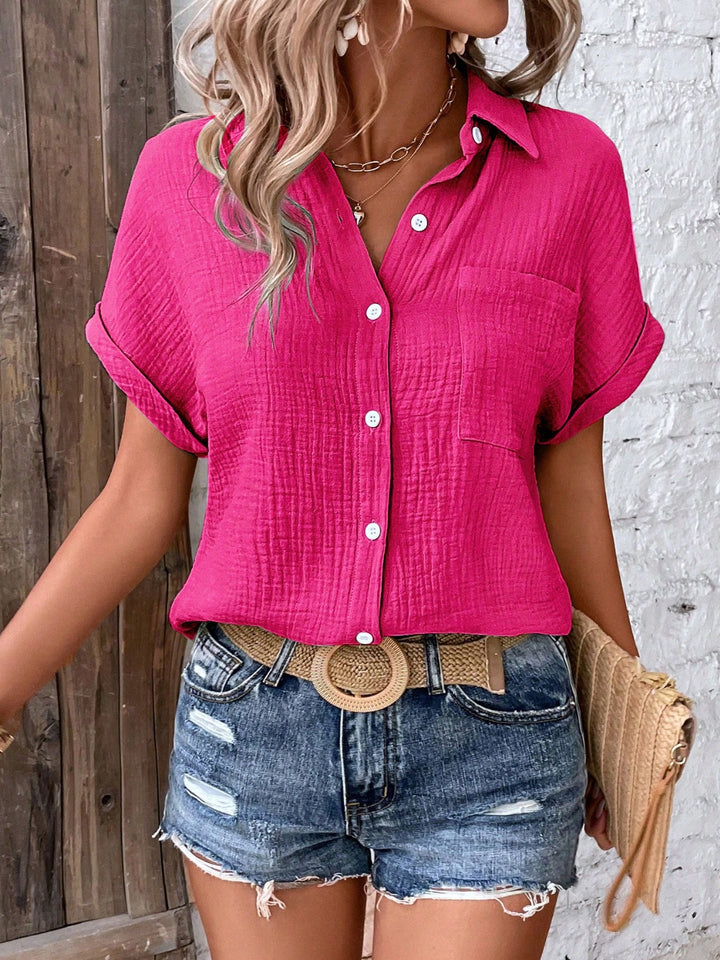 Textured Button Up Short Sleeve Blouse