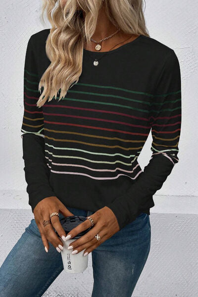 Striped Round Neck Long Sleeve Top