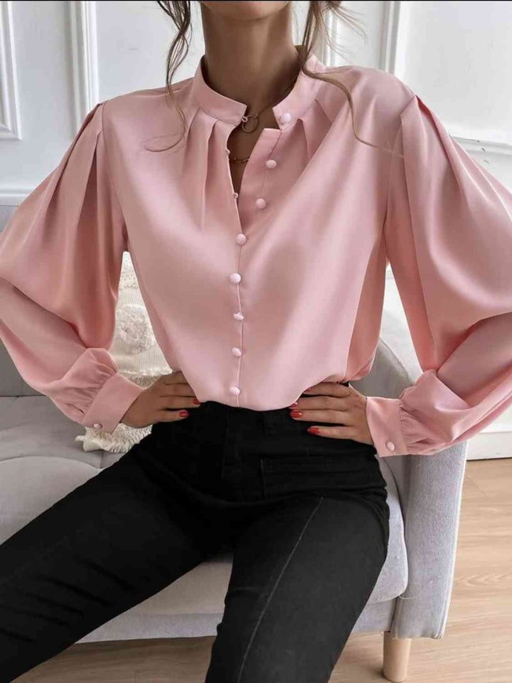 Mock Neck Button Front Blouse