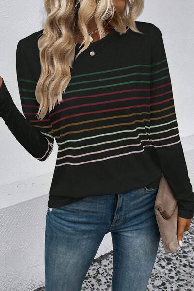 Striped Round Neck Long Sleeve Top