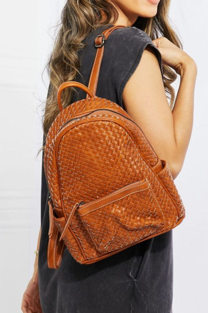 Chic Faux Leather Woven Backpack-Brown