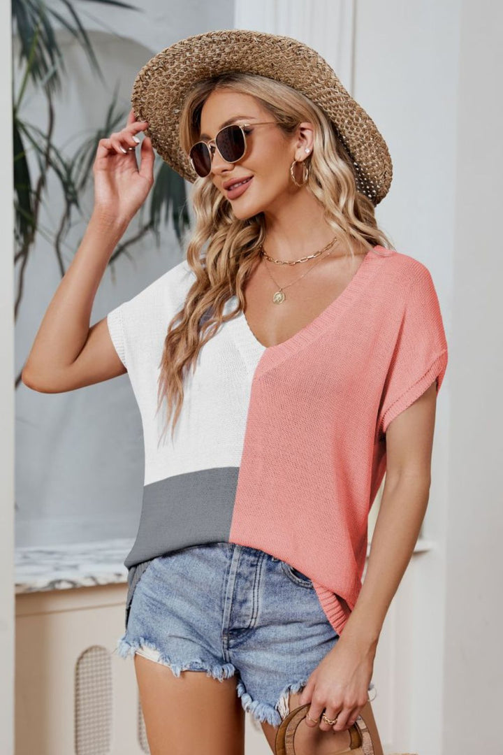 Color Block V-Neck Knit Top-Burnt Coral