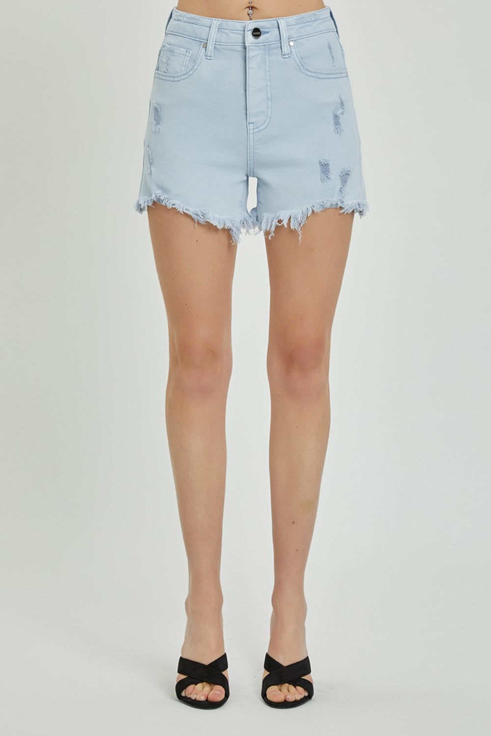 RISEN High Rise Distressed Detail Denim Shorts