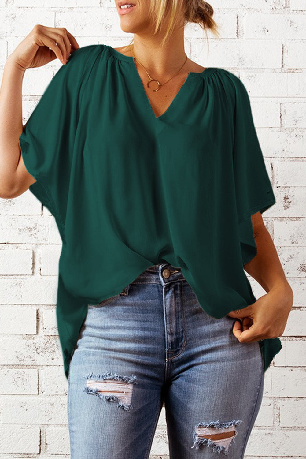 Gathered Detail Notched Neck Flutter Sleeve Top-Green