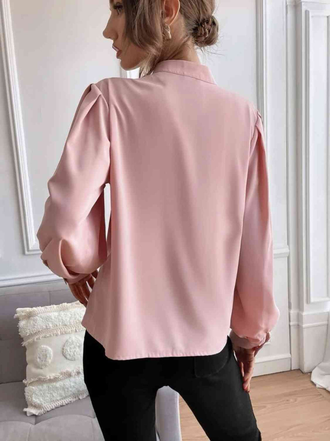 Mock Neck Button Front Blouse